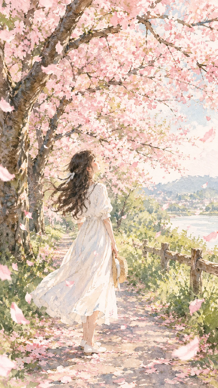 水彩タッチの桜と少女イラスト - 8