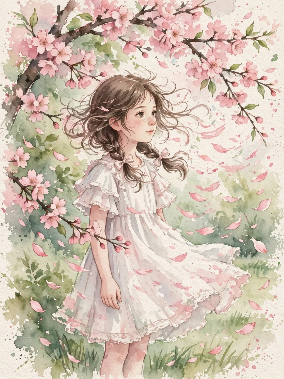 水彩タッチの桜と少女イラスト - 3