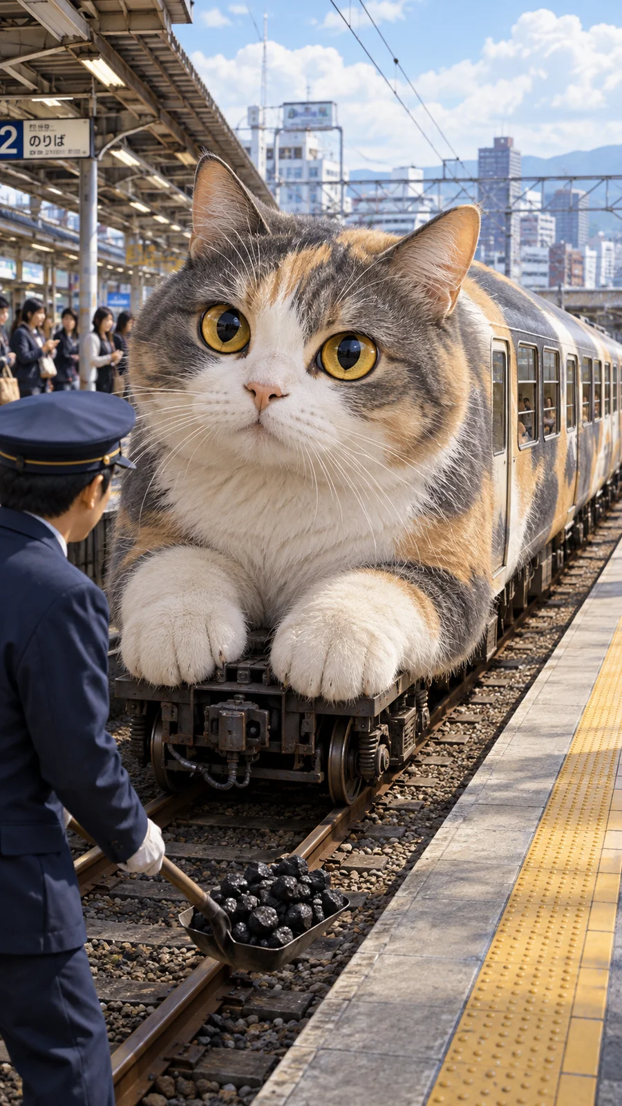巨大猫トレインの駅到着