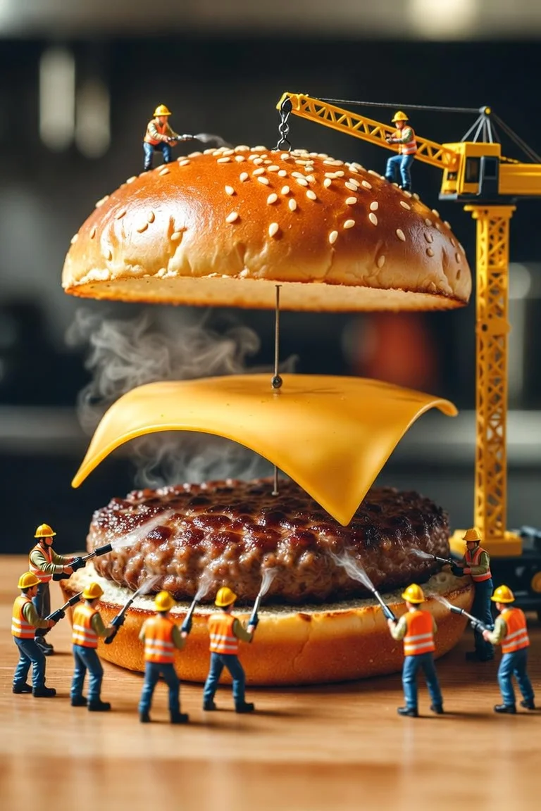巨大ハンバーガーを建設するミニチュア作業員 - 2