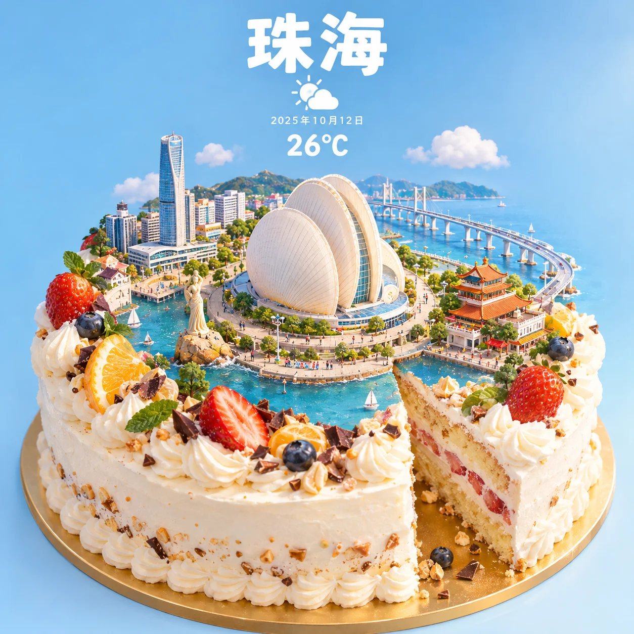 都市と天気を閉じ込めた3Dケーキジオラマ