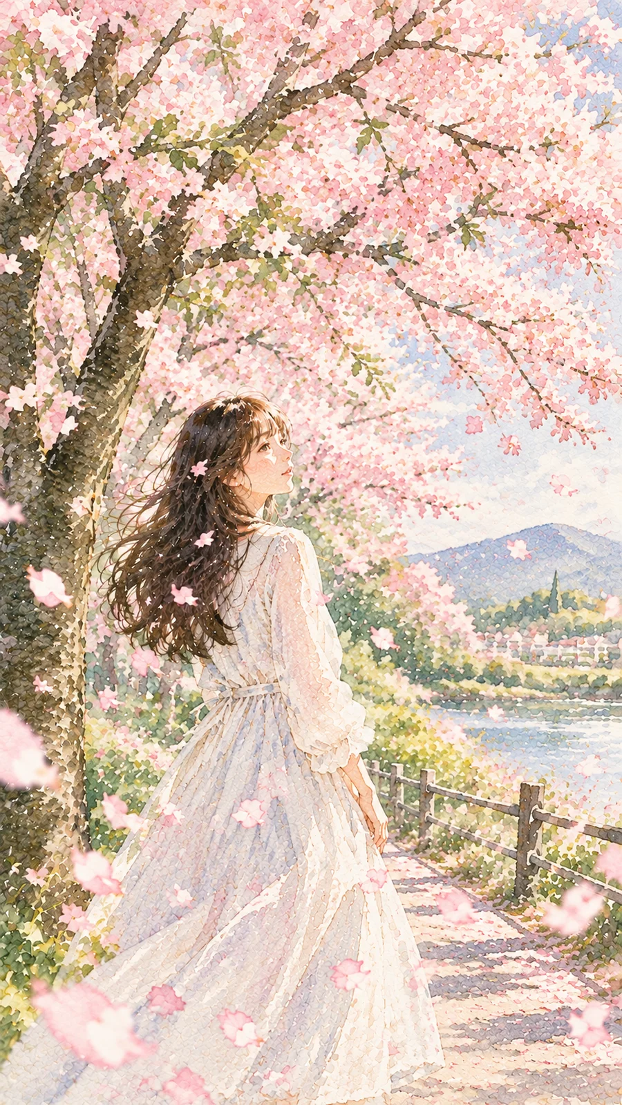 水彩タッチの桜と少女イラスト - 6