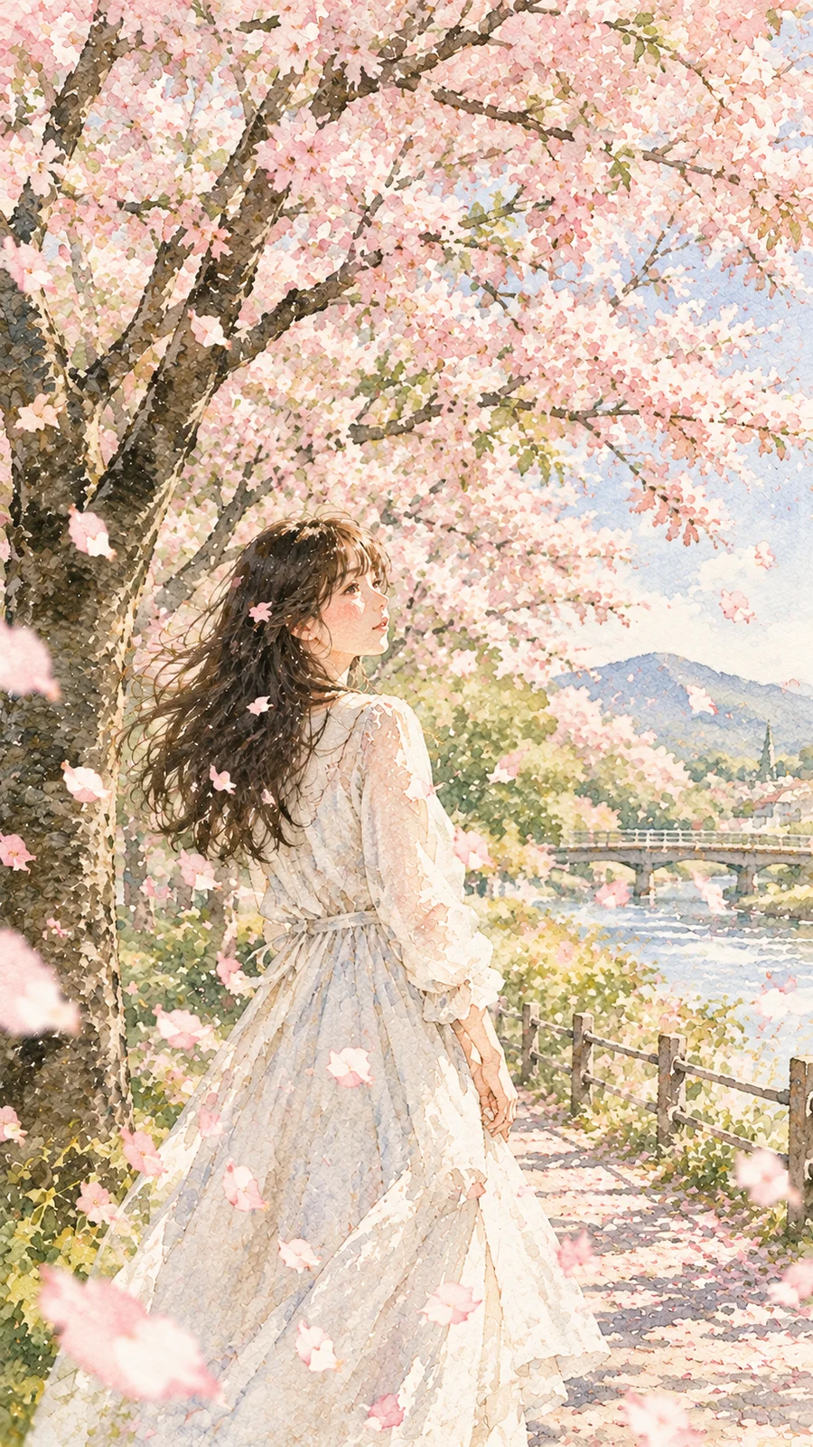 水彩タッチの桜と少女イラスト - 5