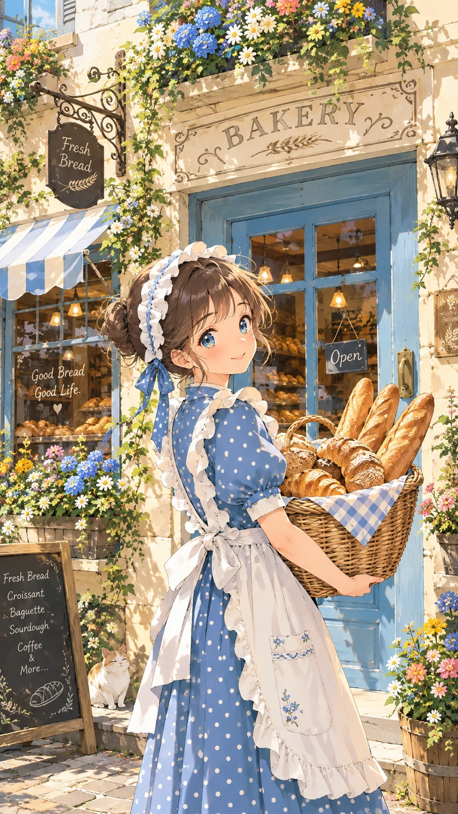 レトロな街角ベーカリーと少女のアニメイラスト - 2