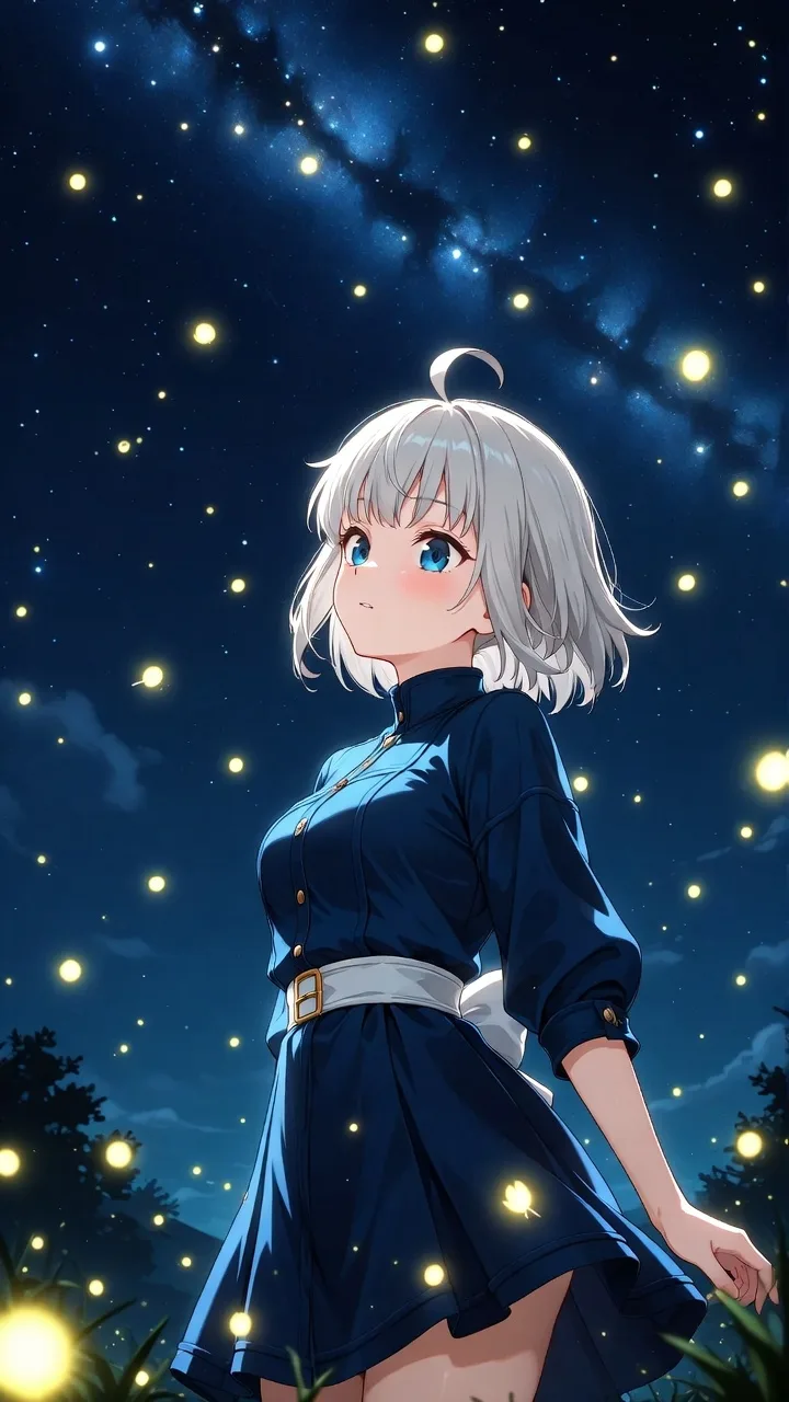 星降る夜の銀髪少女と蛍の光